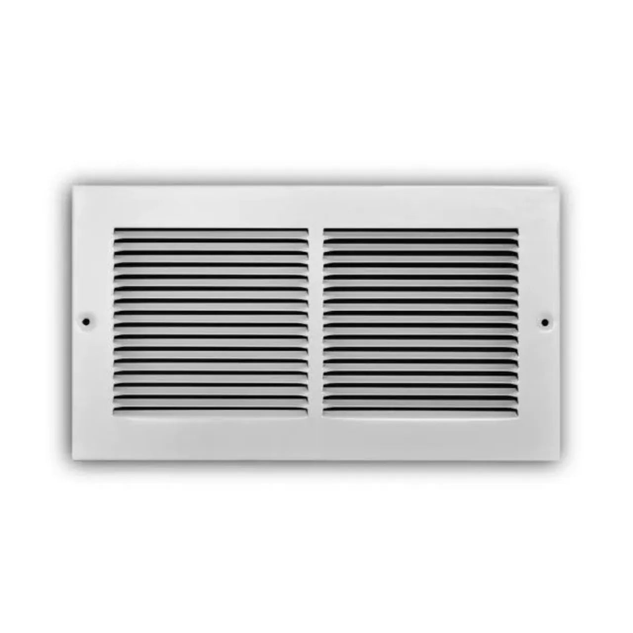The Go Build 12 in. x 6 in. 1-Way Steel Baseboard Return Air Grille in white features horizontal slats and two screw holes, offering efficient airflow for any room. Perfect for mounting on a wall or baseboard.
